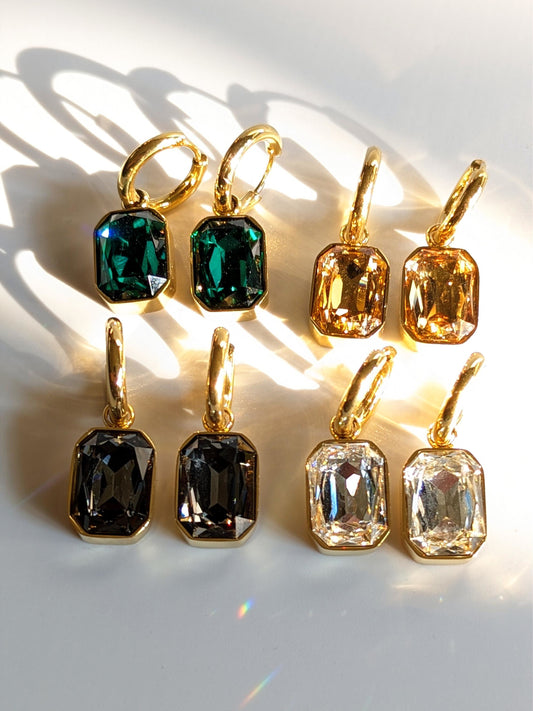 Edelstahl Gold Creolen - Ohrringe mit Kristallglas Anhänger