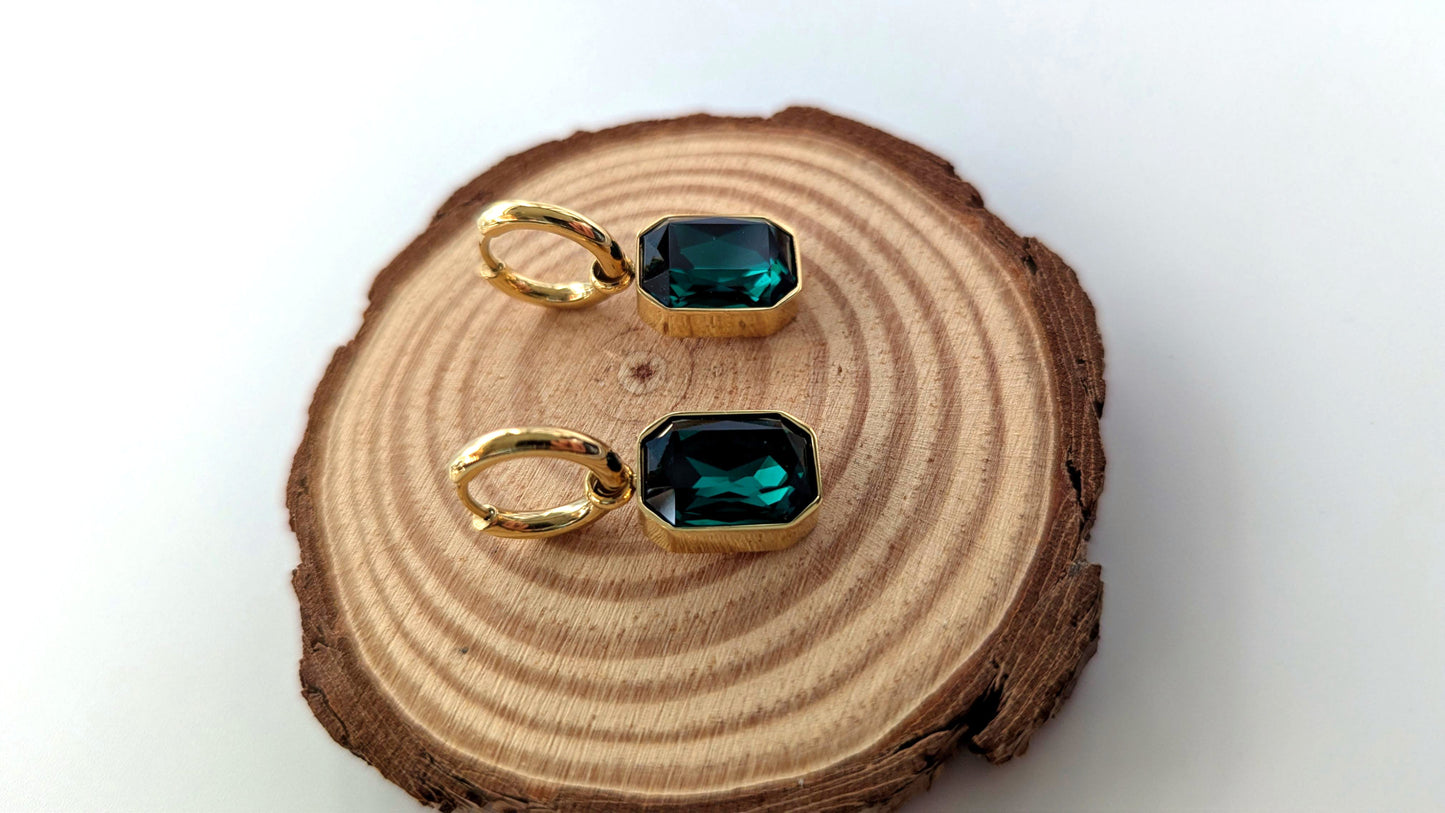 Edelstahl Gold Creolen - Ohrringe mit Kristallglas Anhänger