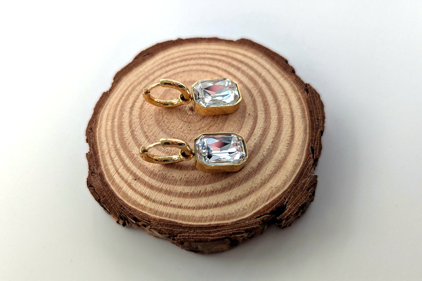 Edelstahl Gold Creolen - Ohrringe mit Kristallglas Anhänger