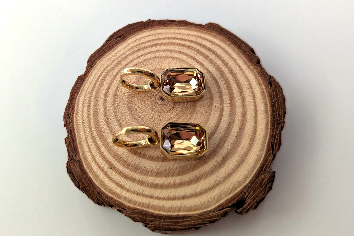 Edelstahl Gold Creolen - Ohrringe mit Kristallglas Anhänger