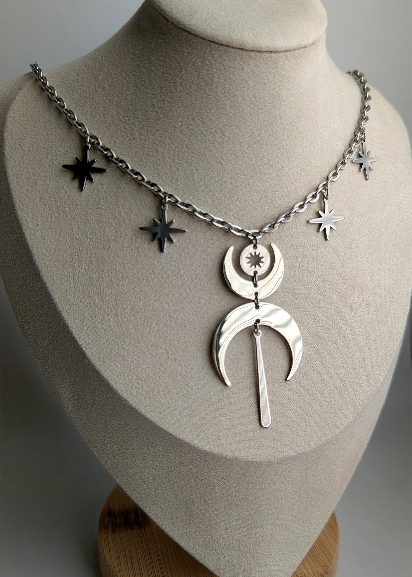Mond Choker Silber | Doppelmond Halskette mit Sternen Anhängern | Edelstahl | Witchy Schmuck | Celestial Kette | Gothic Halskette