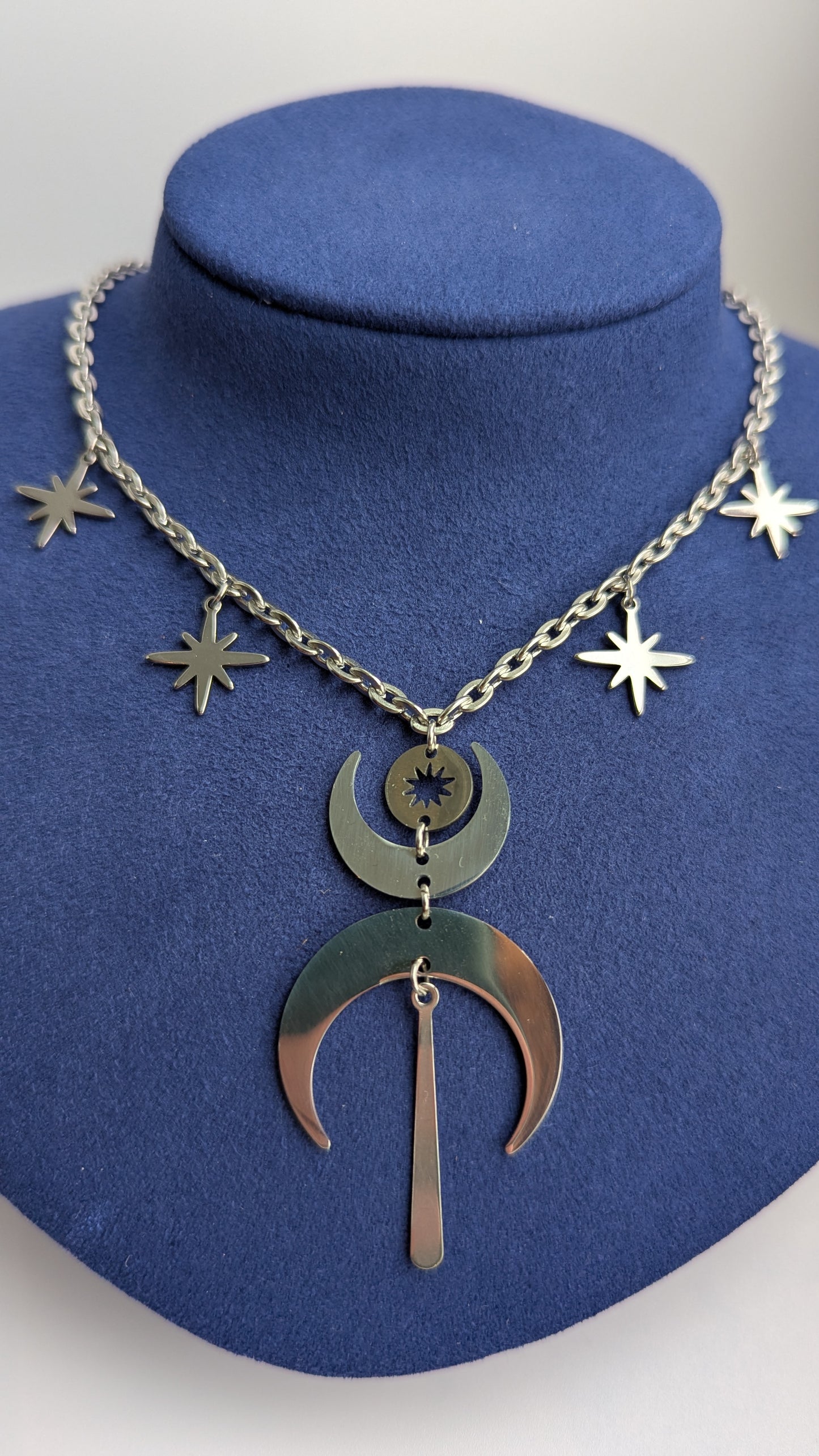 Mond Choker Silber | Doppelmond Halskette mit Sternen Anhängern | Edelstahl | Witchy Schmuck | Celestial Kette | Gothic Halskette