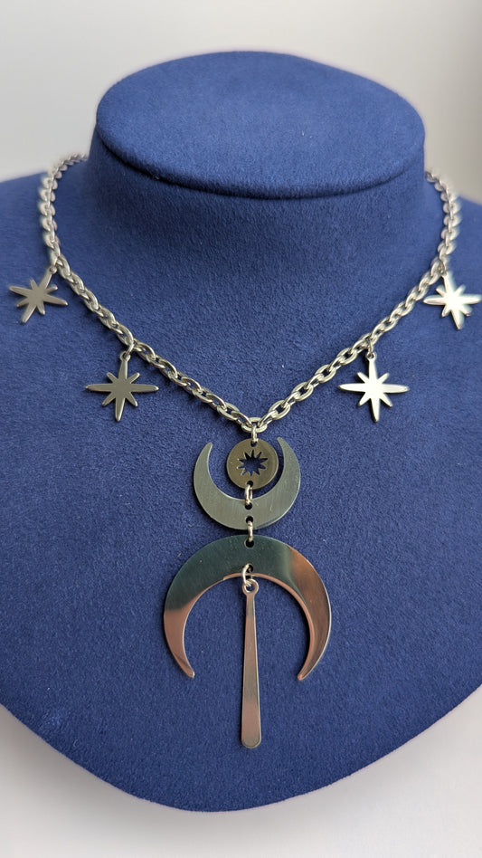 Mond Choker Silber | Doppelmond Halskette mit Sternen Anhängern | Edelstahl | Celestial Kette