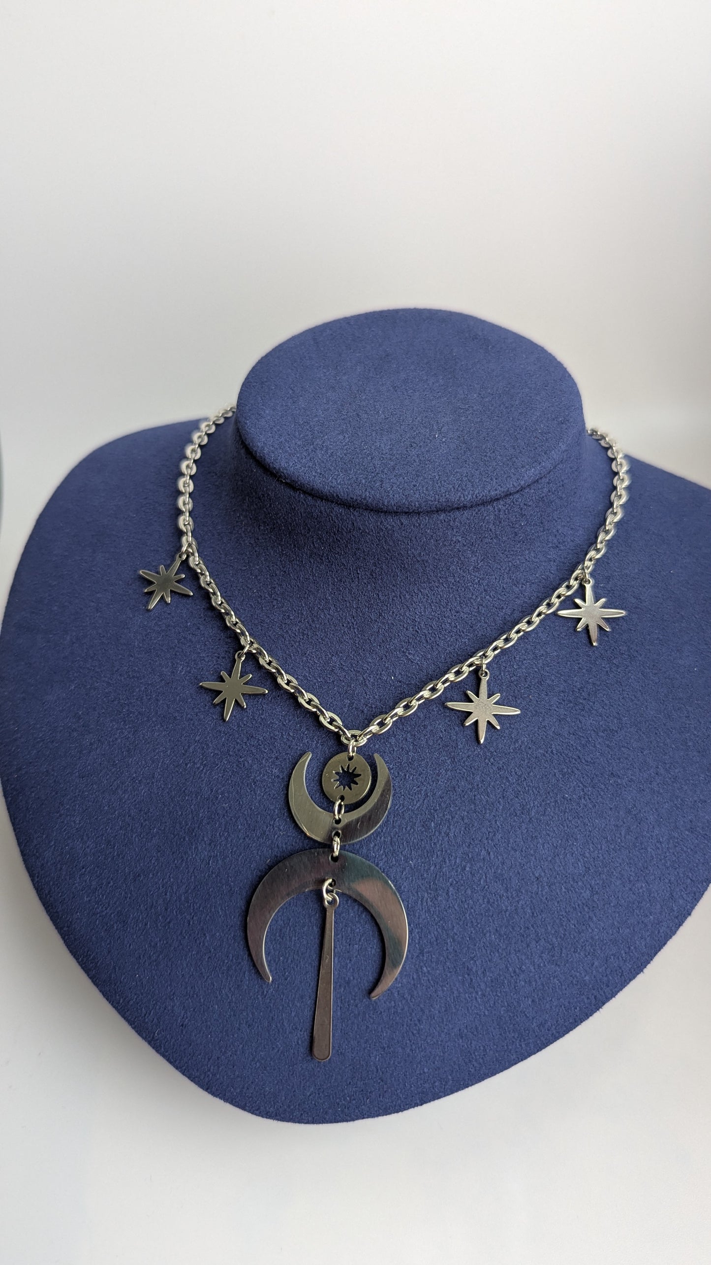 Mond Choker Silber | Doppelmond Halskette mit Sternen Anhängern | Edelstahl | Witchy Schmuck | Celestial Kette | Gothic Halskette
