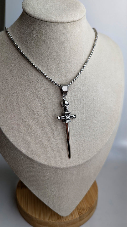 Totenkopf Schwert Halskette Silber | Edelstahl | Gothic Schmuck | Skull Kette