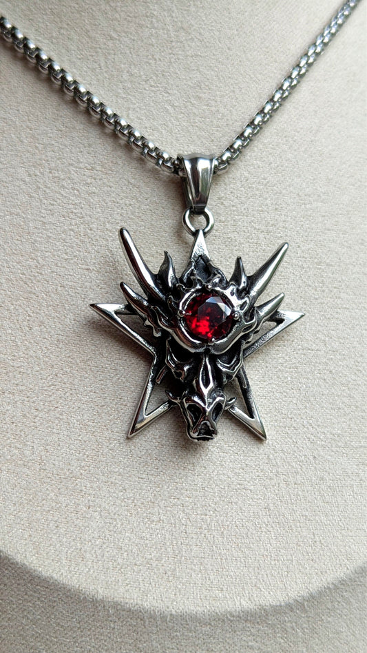 Drachen-Pentagramm Halskette – Gothic Fantasy Schmuck aus 316 Edelstahl mit rotem Glasstein